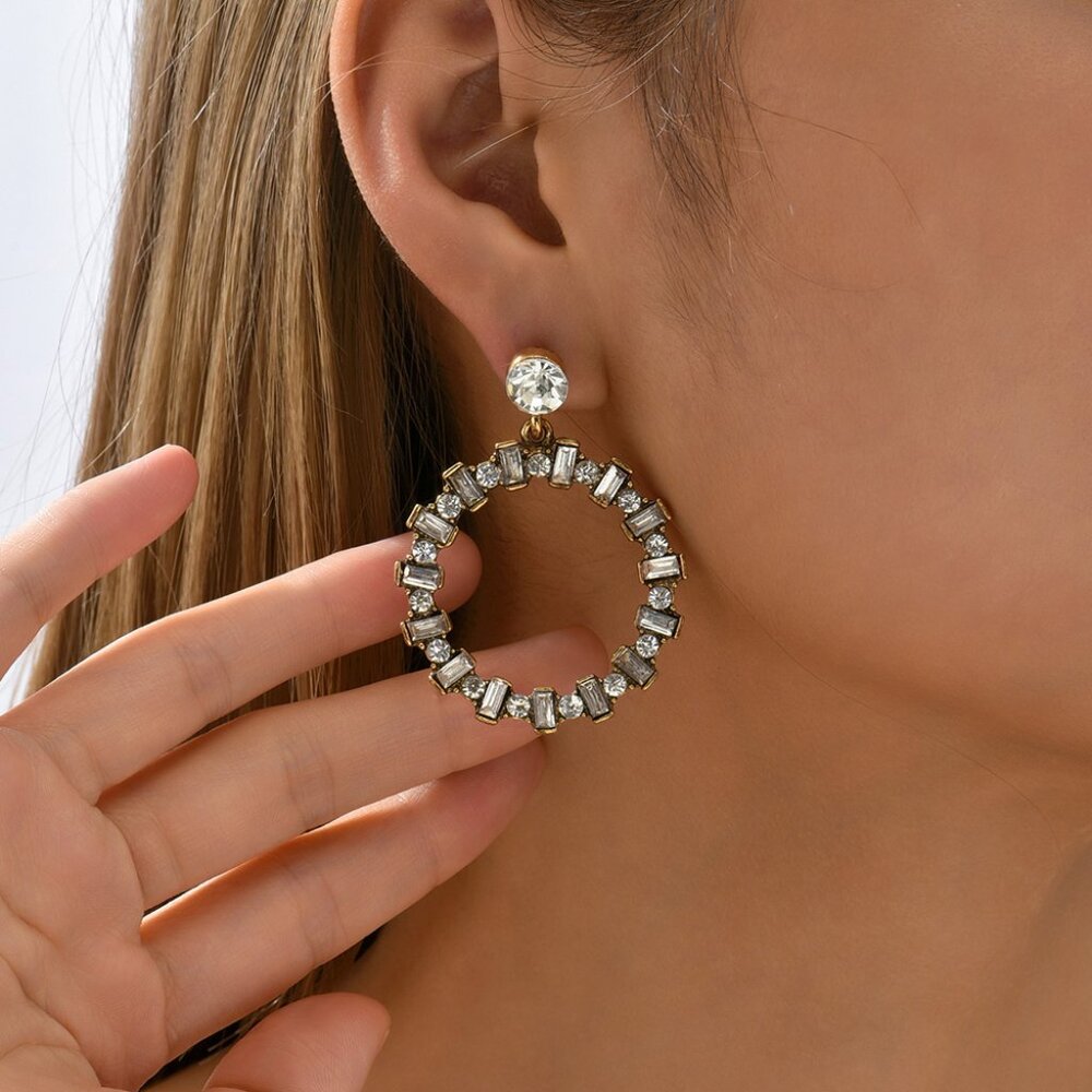 3/$35 Gold Large Dangle Drop Earrings Stainless Steel Diamond Rhinestone
